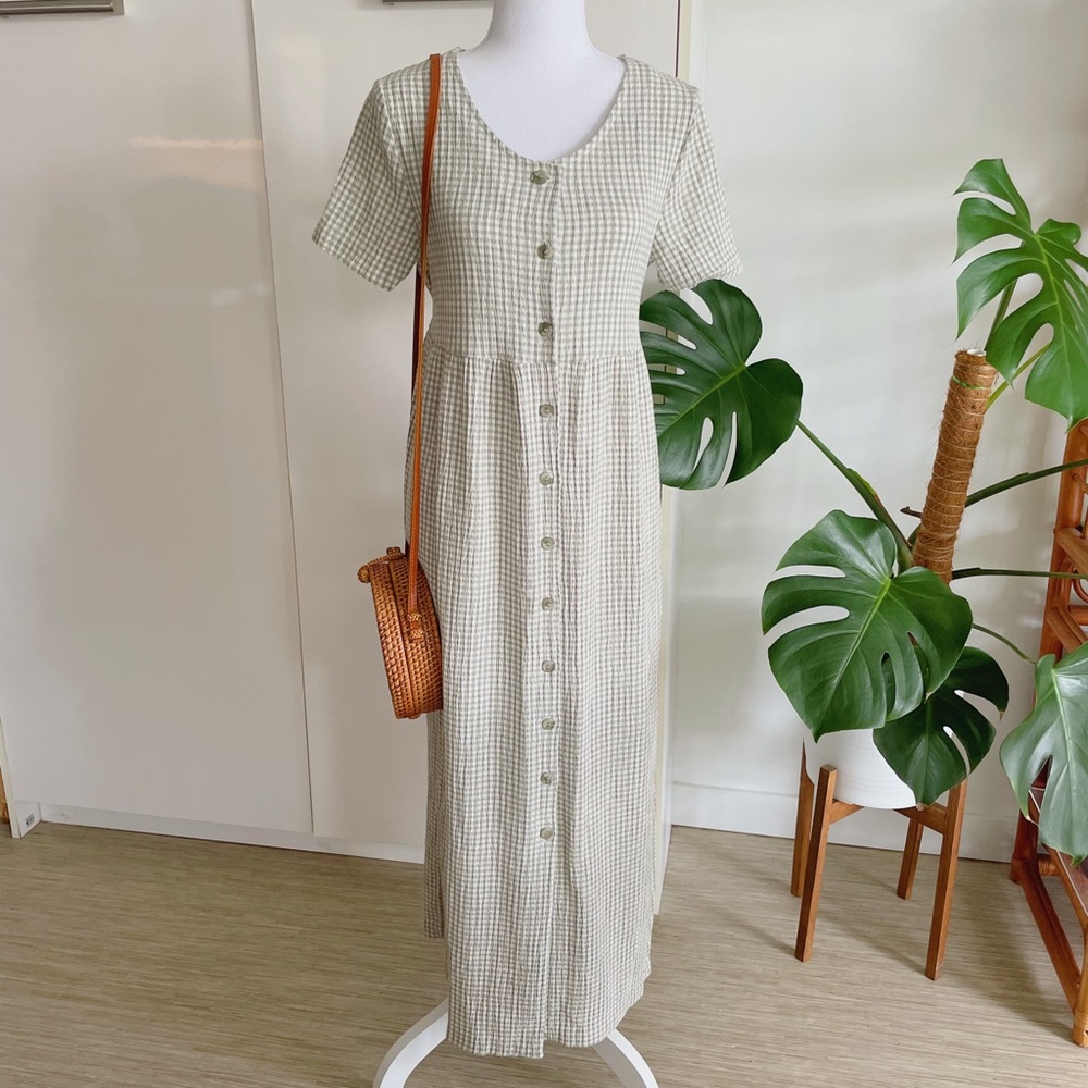 Vintage Long Light Green Gingham Dress | Cottage Core | Size M